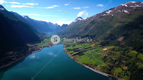 Aerial Footage Beautiful Nature Norway. Flying Over The Lakes And Fjords.View From The Bird's Eye View.