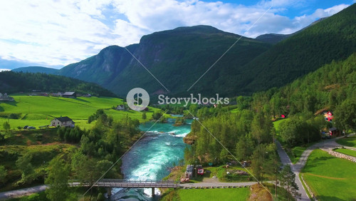 Beautiful Nature Norway Natural Landscape. Aerial Footage Lovatnet Lake.